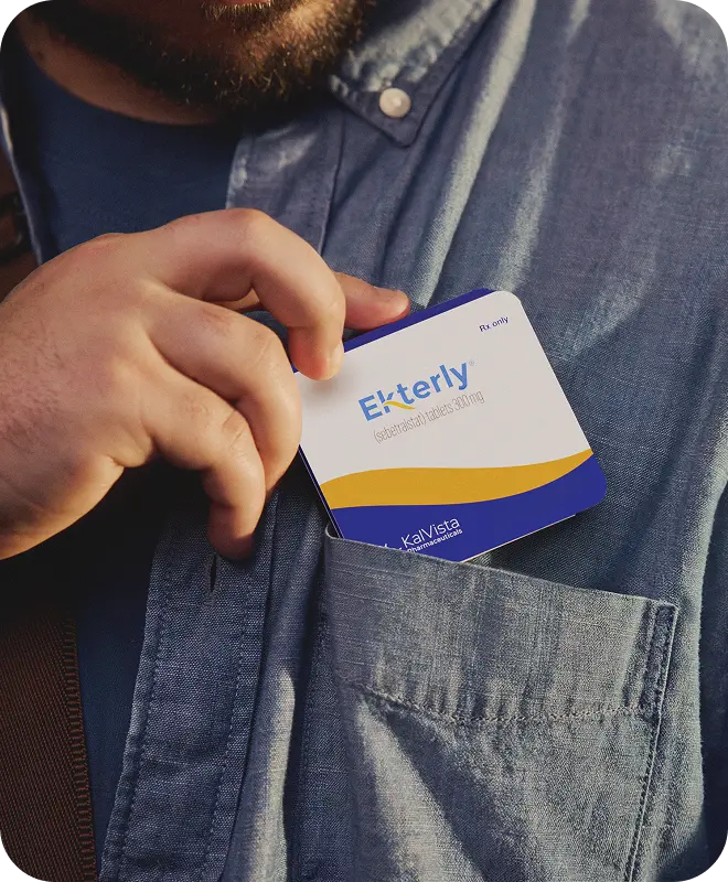 Hand holding EKTERLY® (sebetralstat) medication