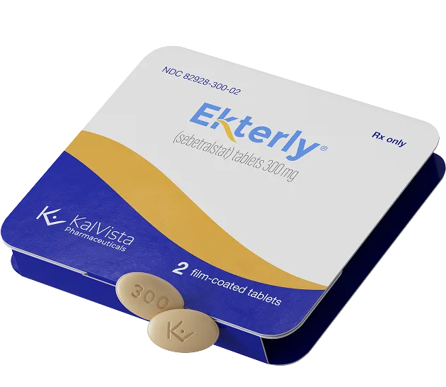EKTERLY® (sebetralstat) medication package and 300-mg tablets